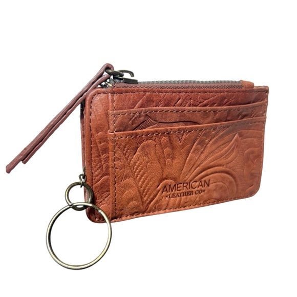 American Leather Co. Portland Card Wallet Tooled Leather Floral Embossed NWOT - Picture 2 of 9